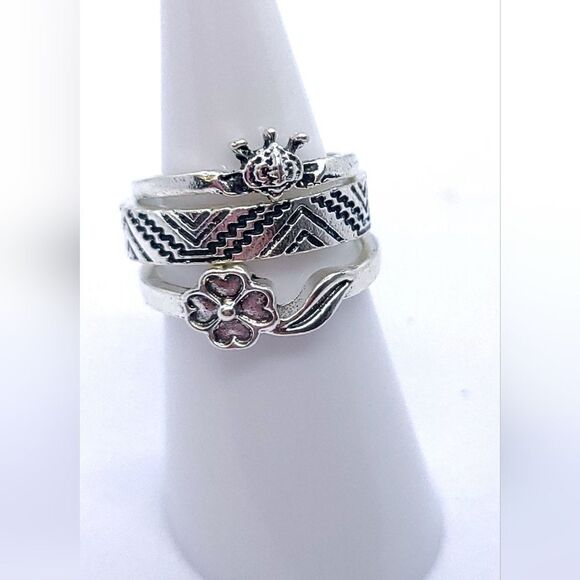 3 pc Set Stackable Gypsy Boho Knuckle Rings Turtle Floral Silver Zinc Alloy - Picture 2 of 7